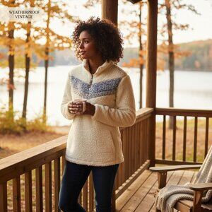 Weatherproof Vintage Womens Cream Faux Fur Sherpa Quarter Zip Pullover With Blue